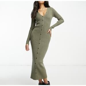 New Abercrombie & Fitch Button Front Ribbed Maxi Sweater Dress Olive Green Small